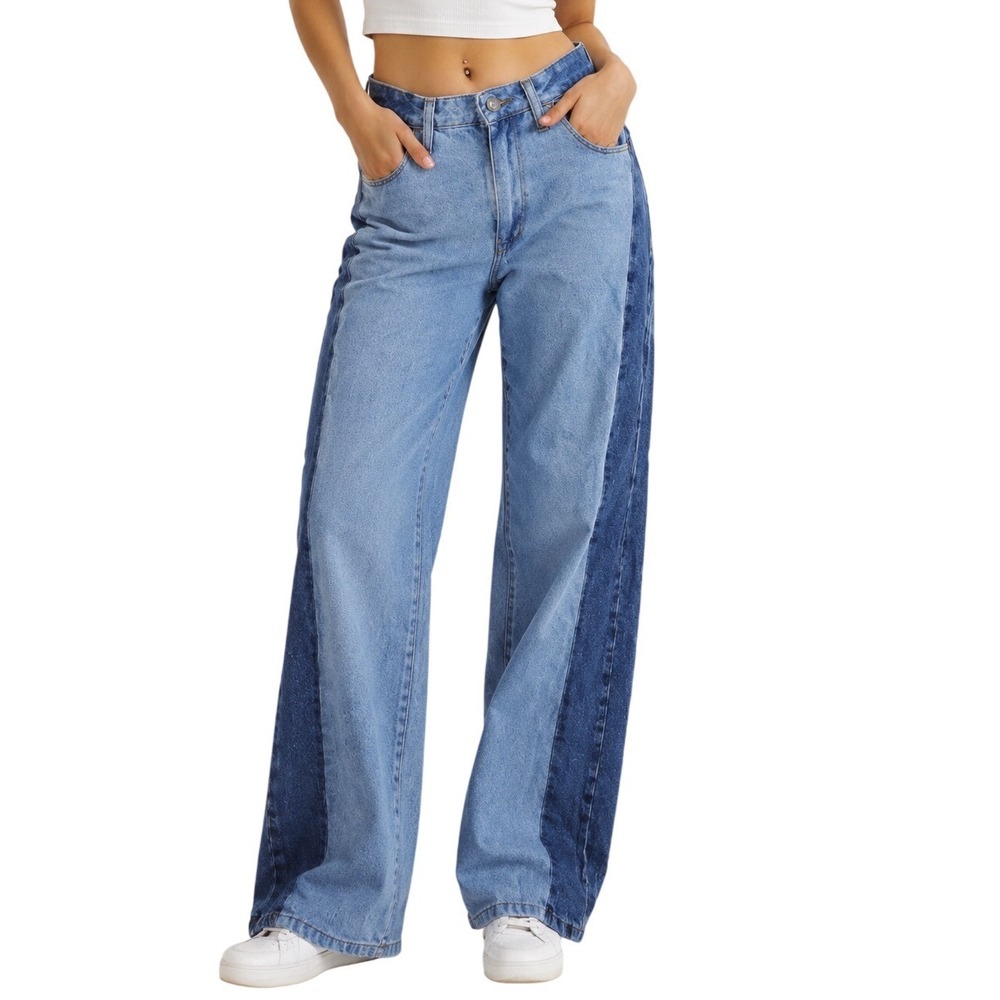 Nasty Gal Women Blue Two-Tone Colorblock Straight Leg Jeans Size 4 High Rise V-Y
